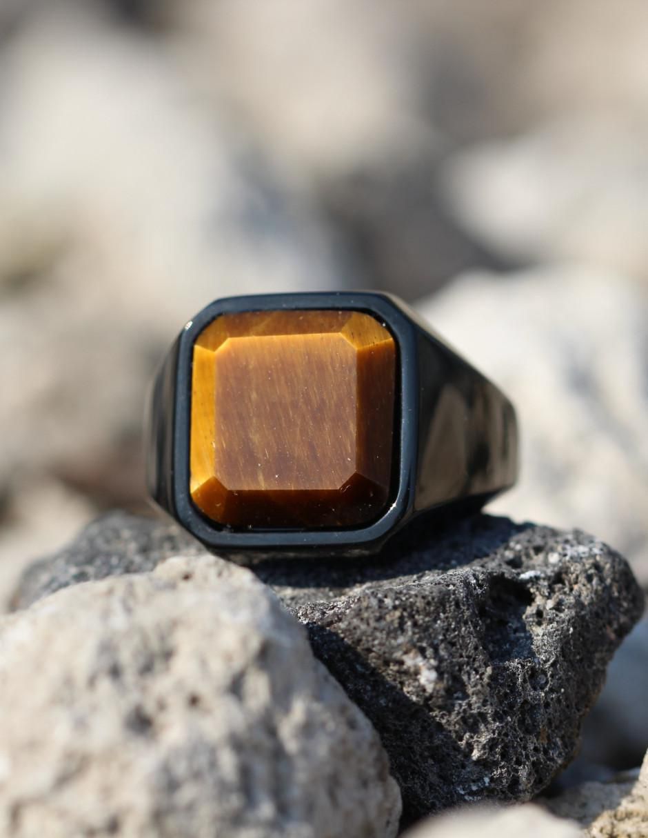 Anillo cuadrada Black ojo de tigre pulido